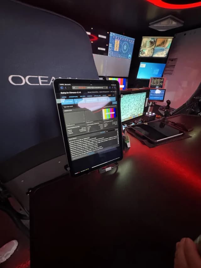 The control room aboard OceanXplorer, with an iPad running the dive log